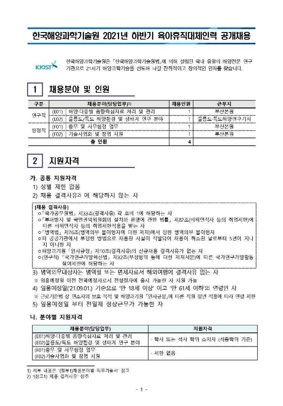 [제21-03-05호] 2021년 하반기 육아휴직대체인력 공개채용 공고 안내 이미지입니다. 자세한 내용은 아래를 참고하세요