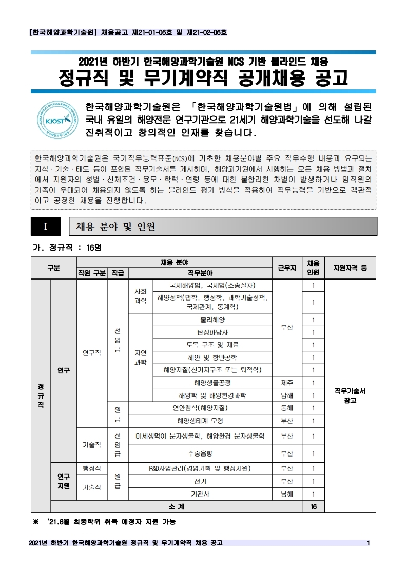 [제21-01-06호 / 제21-02-06호] 2021년 하반기 정규직 및 무기계약직 공개채용 공고 안내 이미지입니다. 자세한 내용은 하단를 참고하세요